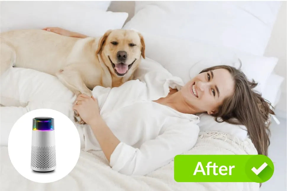 After: woman with her golden dog and Pet Air Purifier