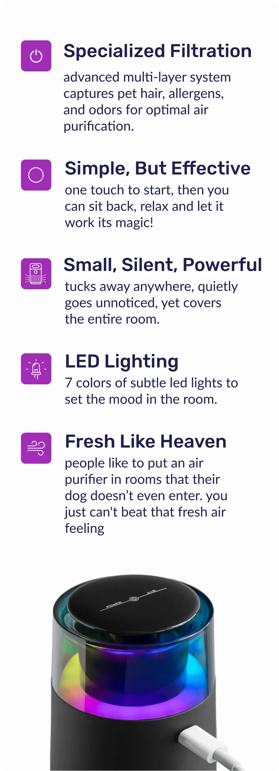 Pet Air Purifier features: specialized filtration, one-touch operation, quiet power, LED lighting, and fresh air