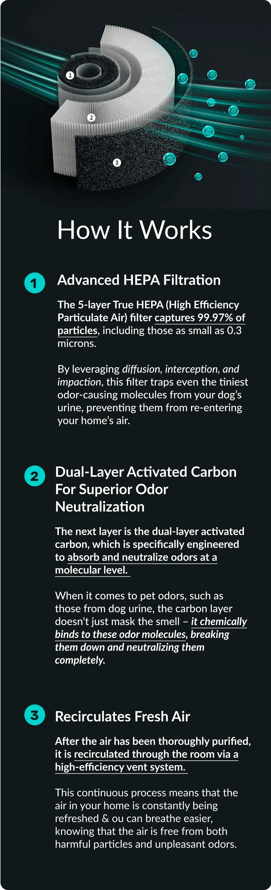 Three-layer Pet Air Purifier filter separating particles before clean air returns to the room